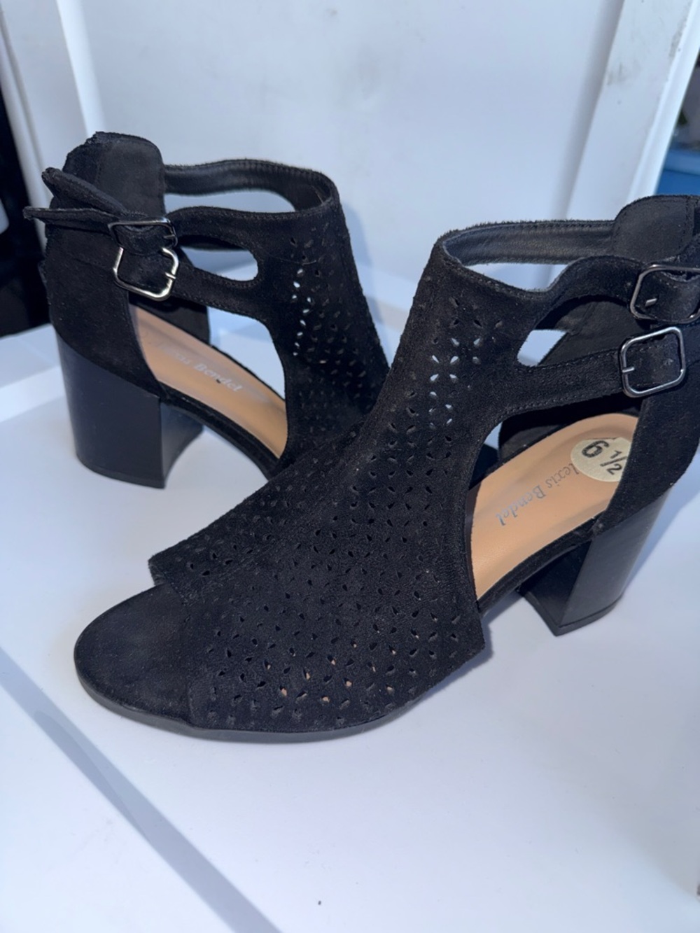 Black Perforated Block Heel Sandals - Women